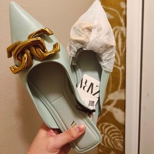 New Zara Buckled Flat Mules Green Gold